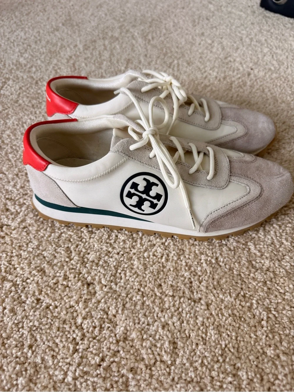 Neutral Suede & Leather Sneaker with Orange Heel and Forest Green Sole Accent